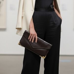 Normandie Brown Leather Clutch Vintage Gold Corners